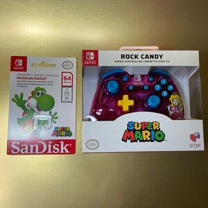 Nintendo Switch Bundle Pink Rock Candy Wired Controller & Yoshi Micro SD